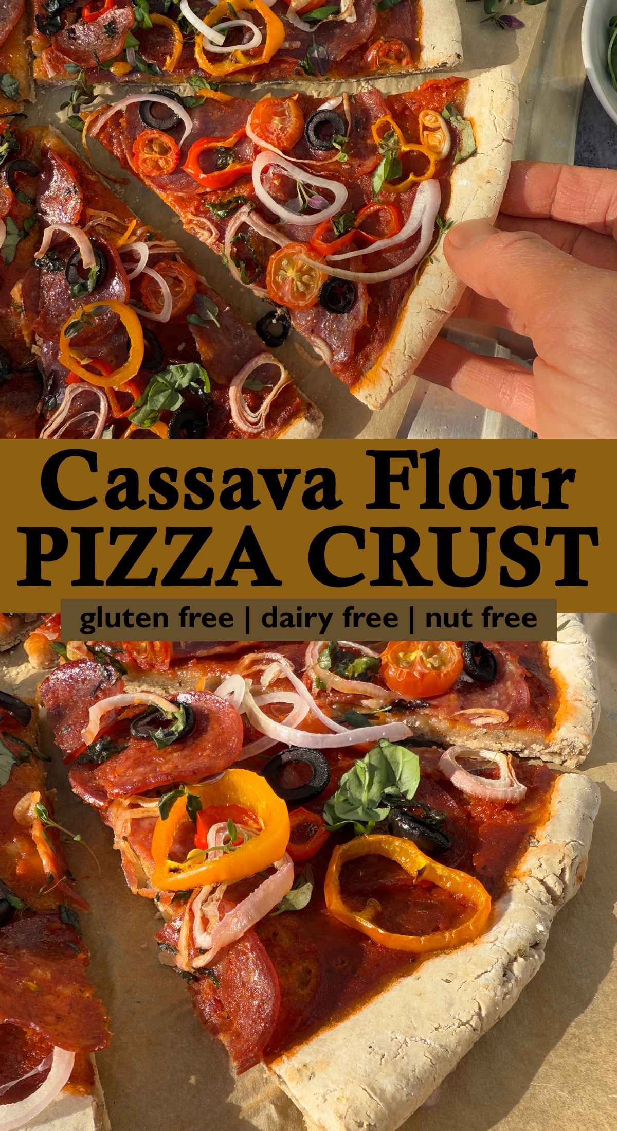 Pinterest image for cassava flour pizza crust.