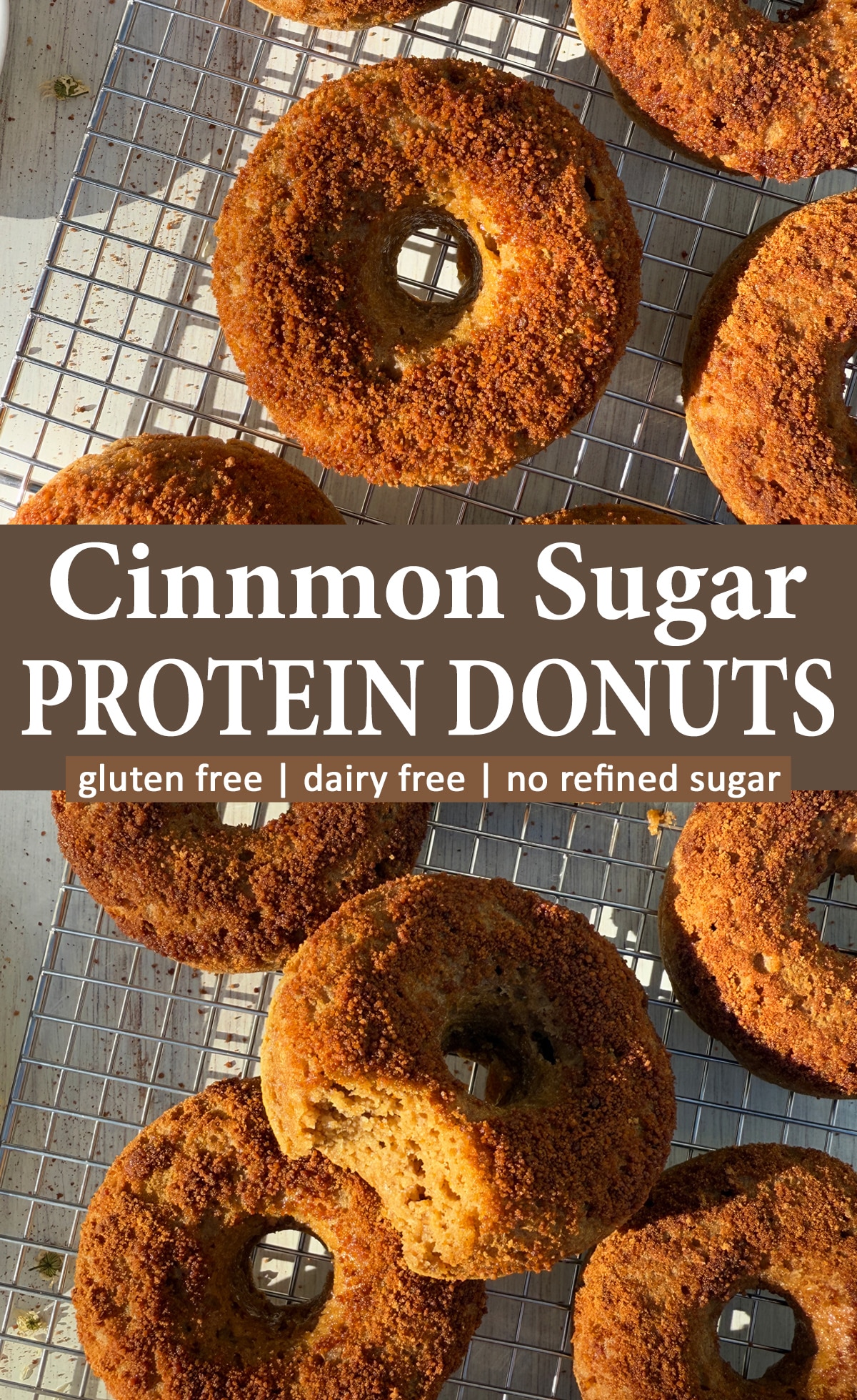 Pinterest image for cinnamon sugar protein donuts.