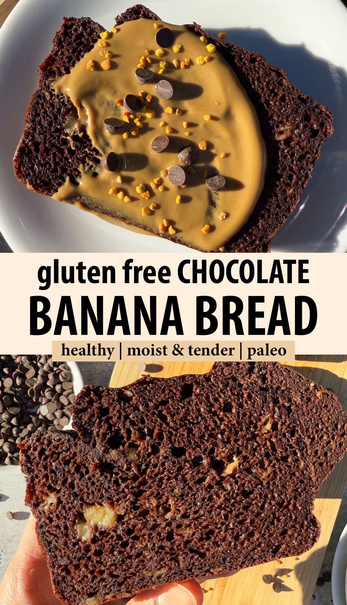 Pinterest image for gluten free chocolate banana bread.