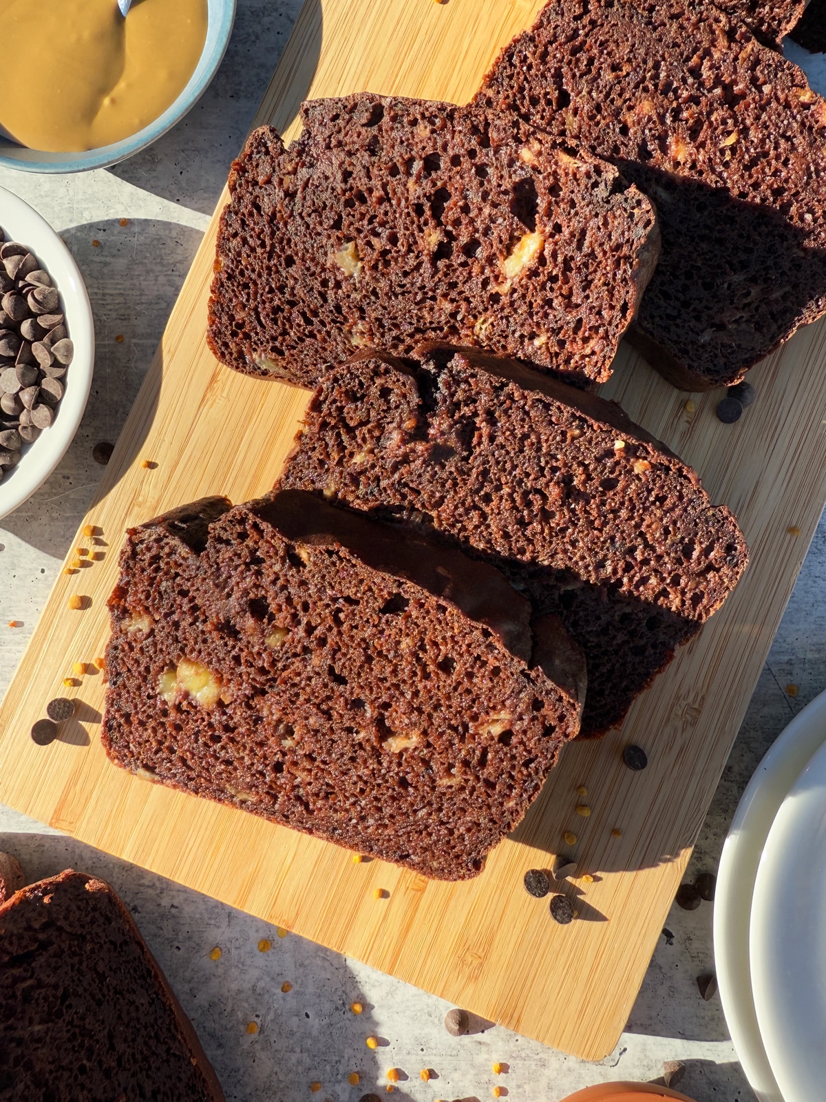 Banana bread on cutting board.