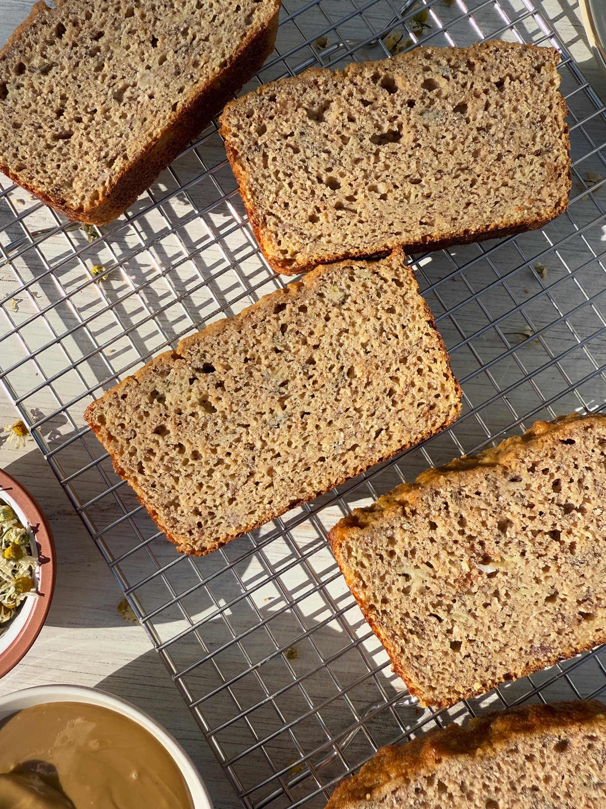 Banana bread on wire cooling rack.
