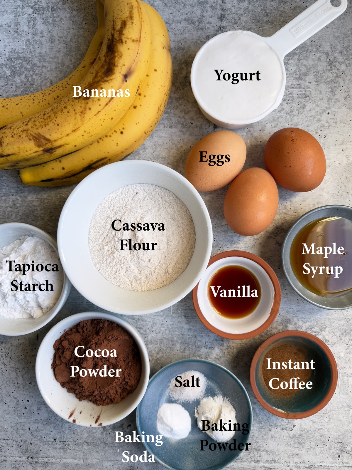 Ingredients needed to make healthy chocolate banana bread.