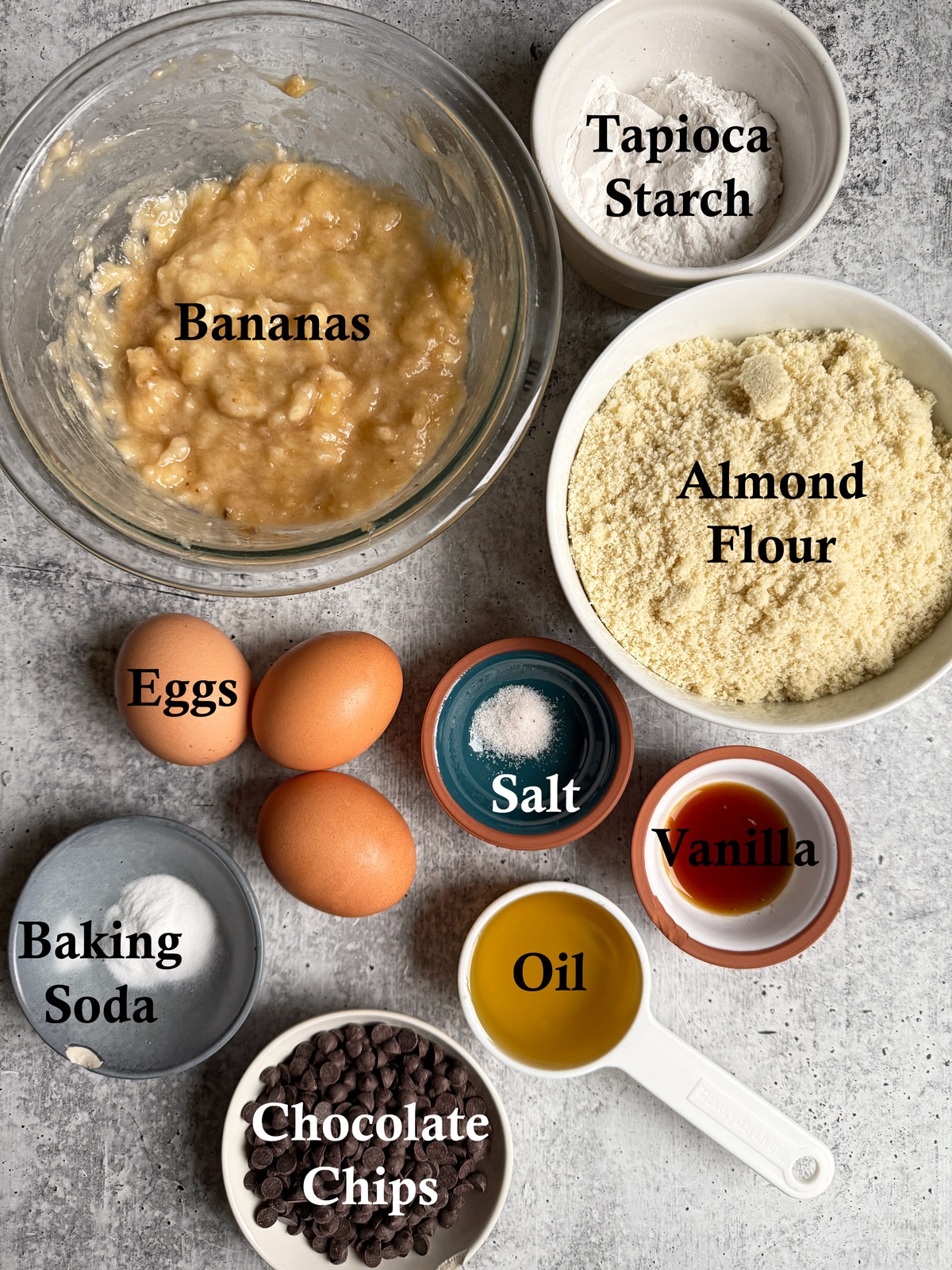 Ingredients needed to make chocolate chip banana bread.