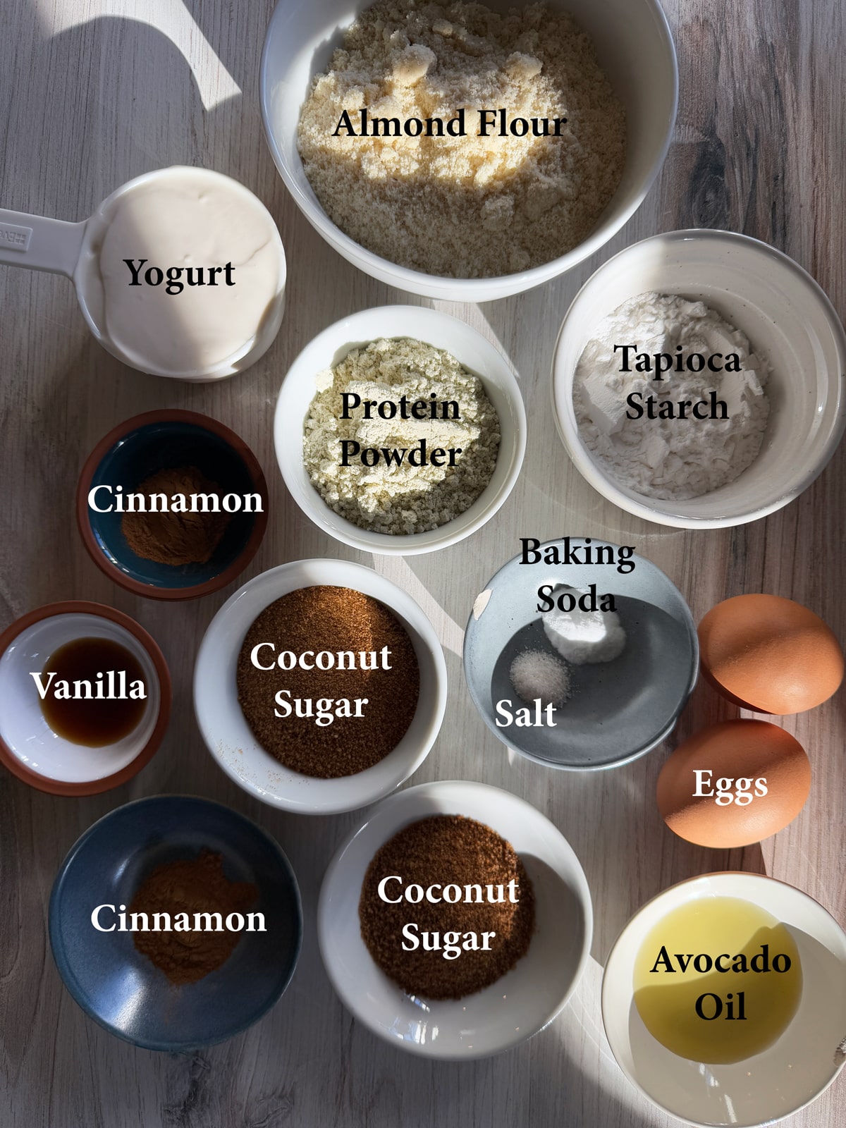 Ingredients in cinnamon sugar protein donuts.