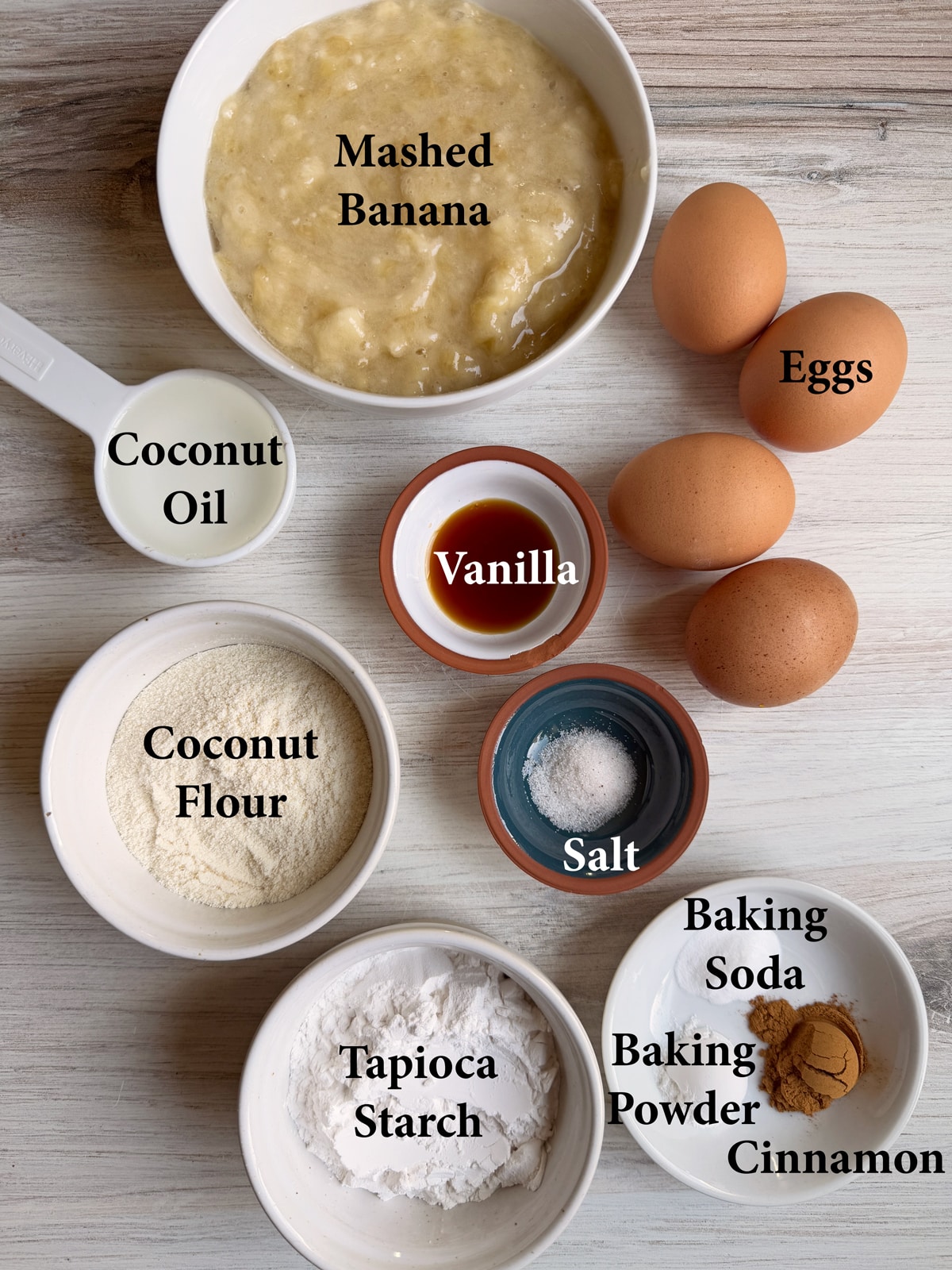 Ingredients needed to make banana bread with coconut flour.