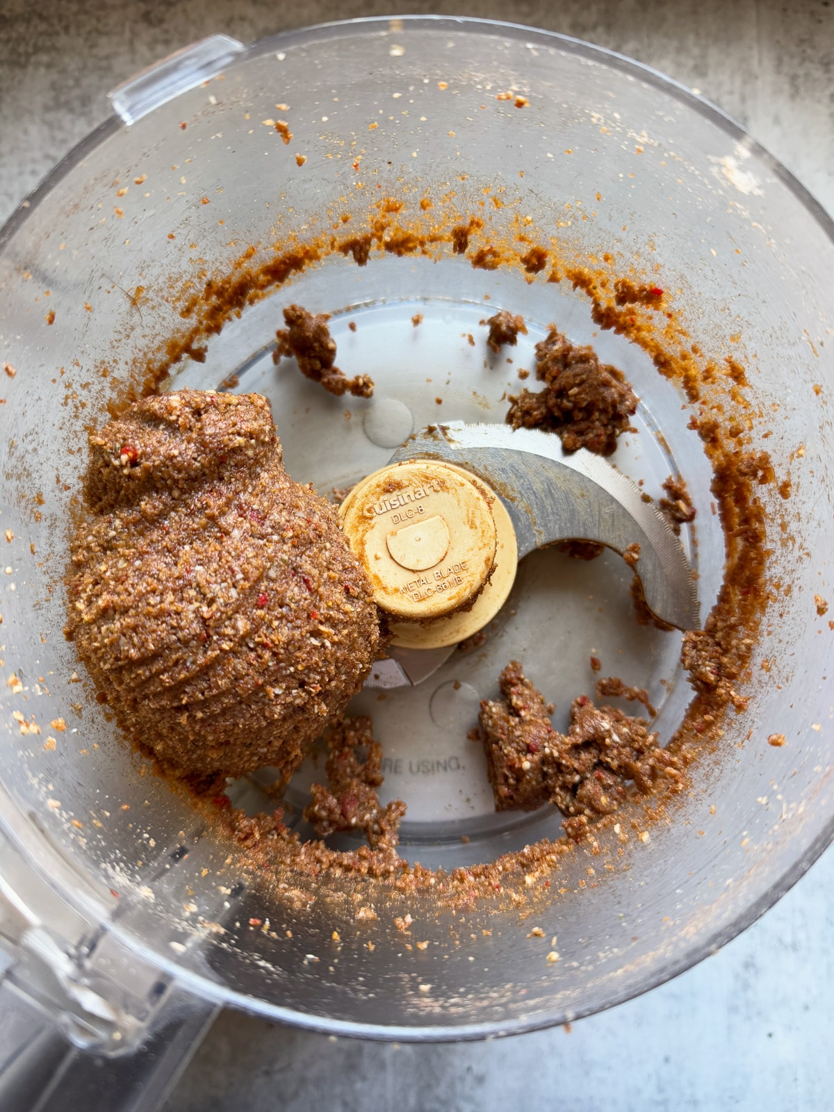 Blended ingredients for the base in a food processor.