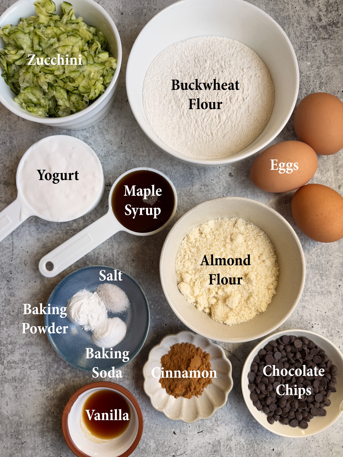 Ingredients needed to make buckwheat zucchini bread.