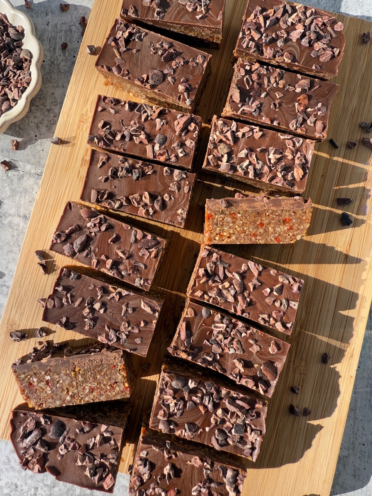 Superfood protein bars on cutting board.