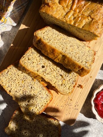 Sliced lemon poppy seed banana bread.