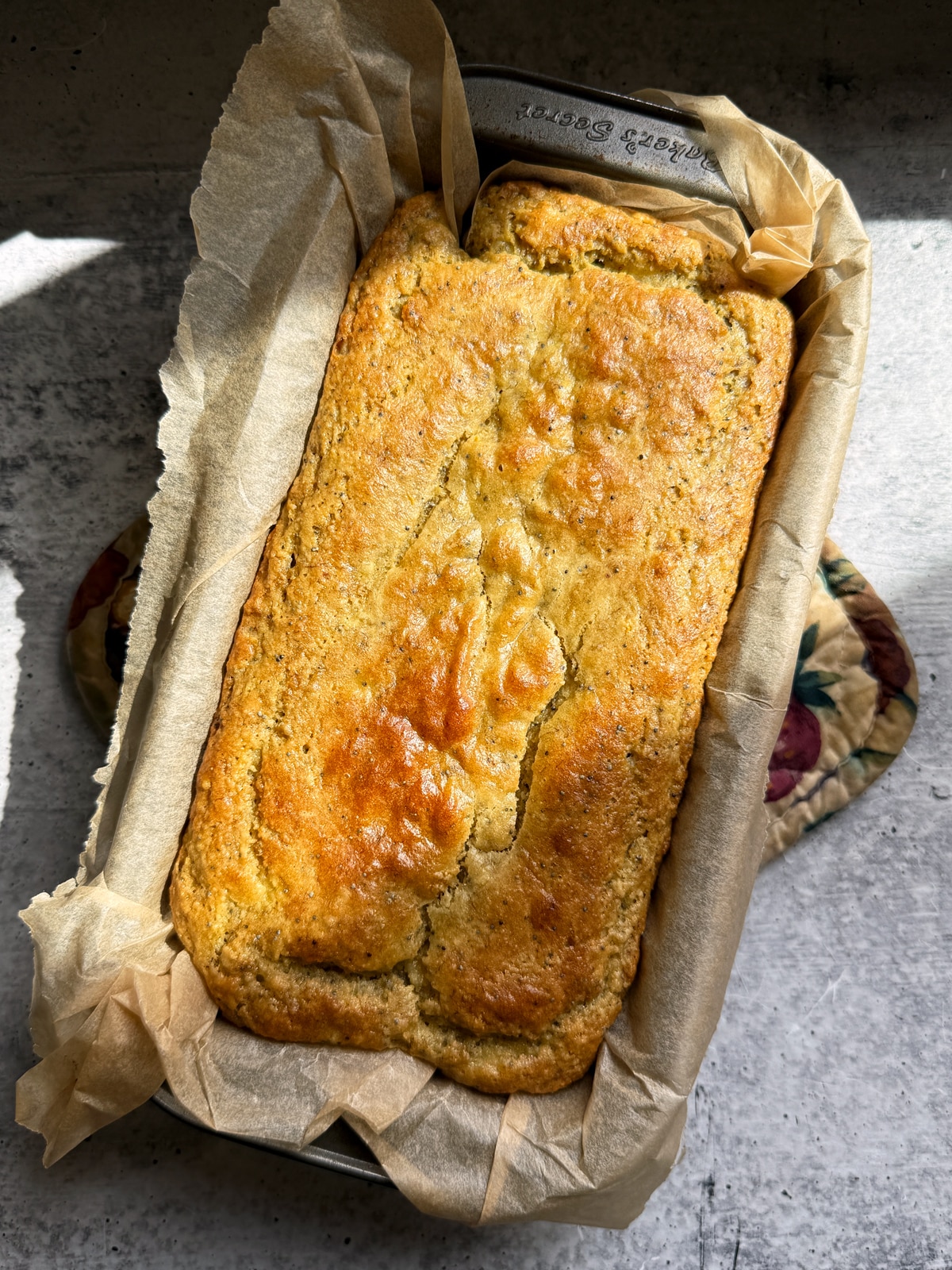 Freshly baked lemon poppy seed banana bread.