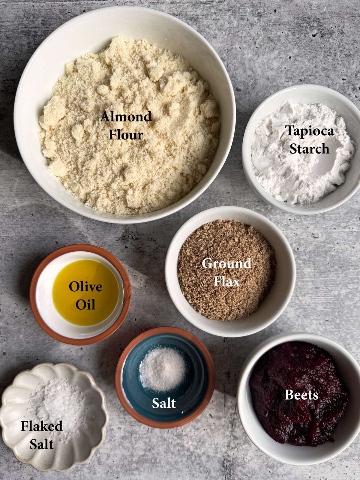Ingredients needed to make gluten free beet crackers.