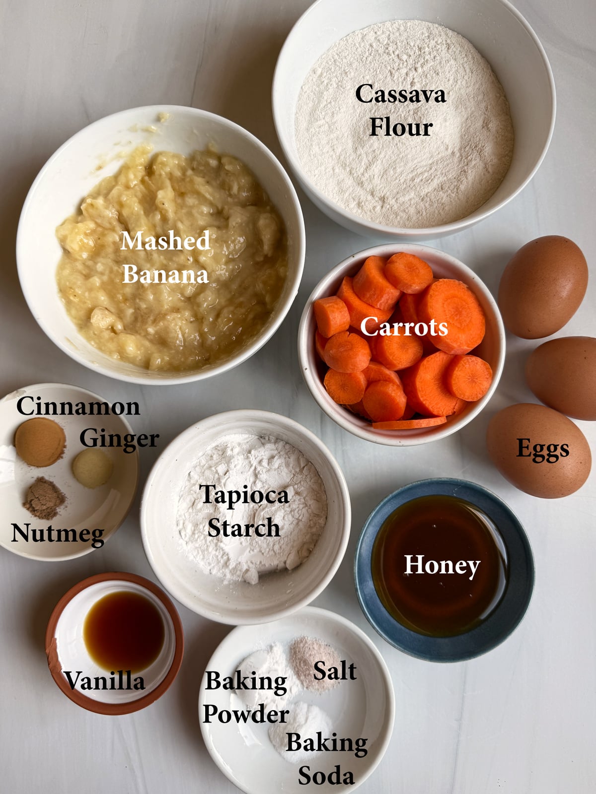 Ingredients needed to make paleo carrot banana bread.