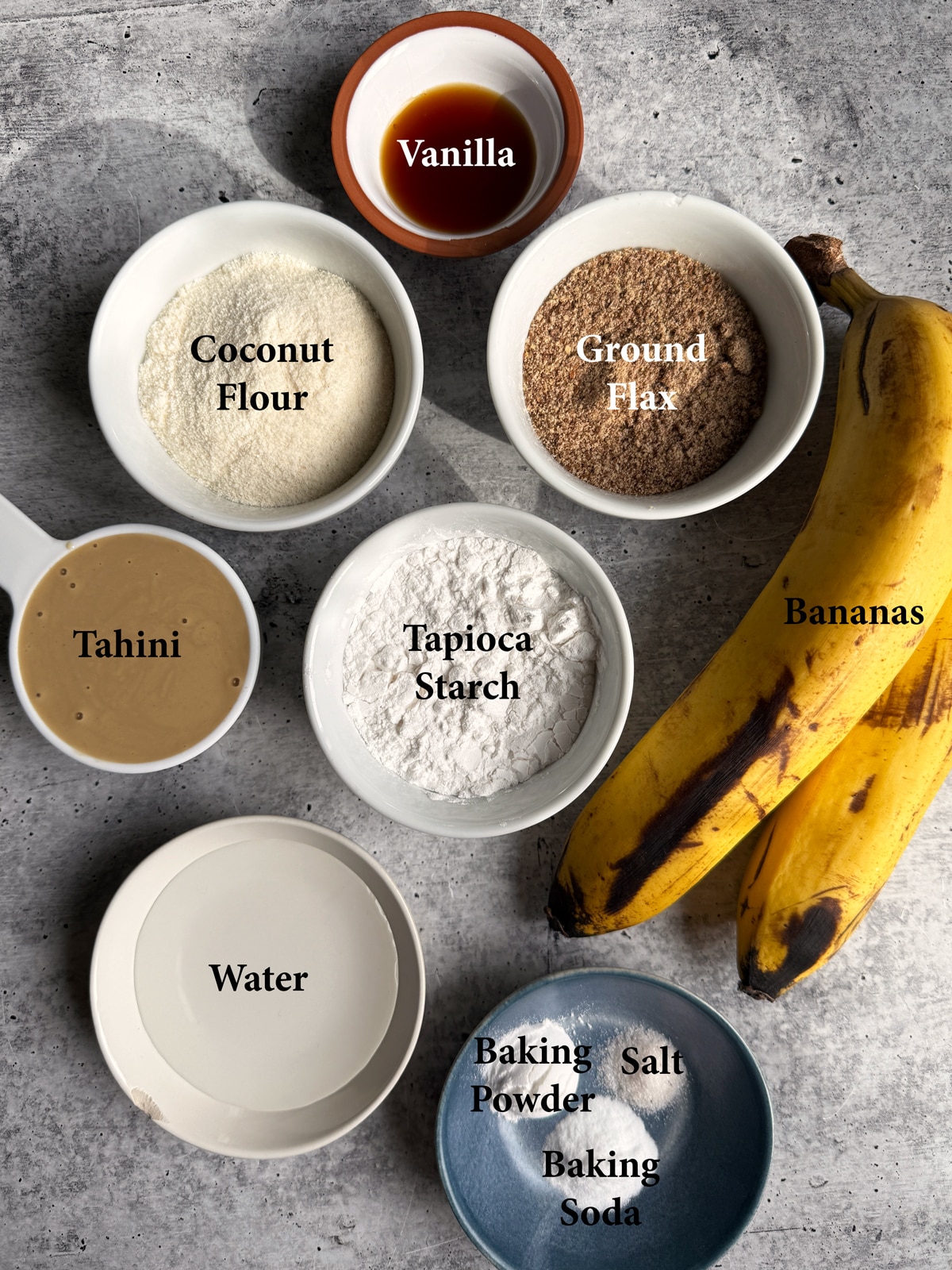 Ingredients in tahini banana muffins.