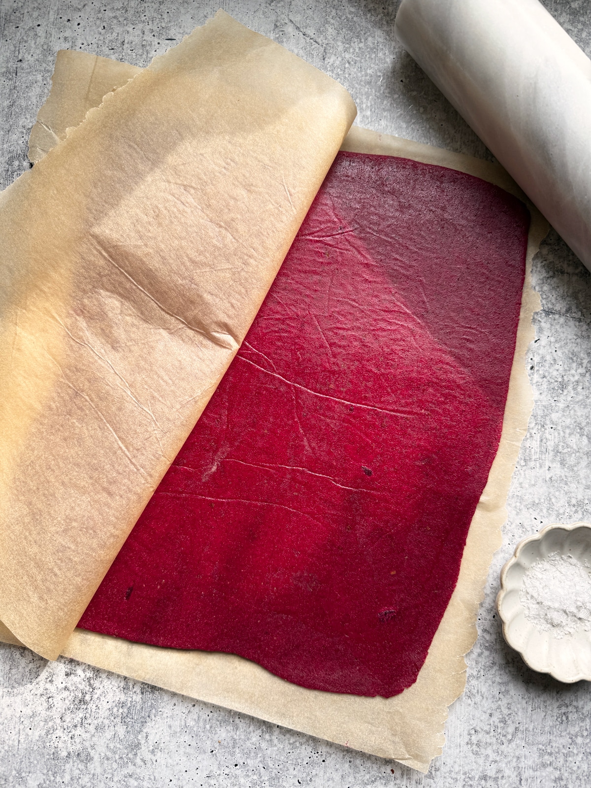 Rolling the dough between parchment paper.