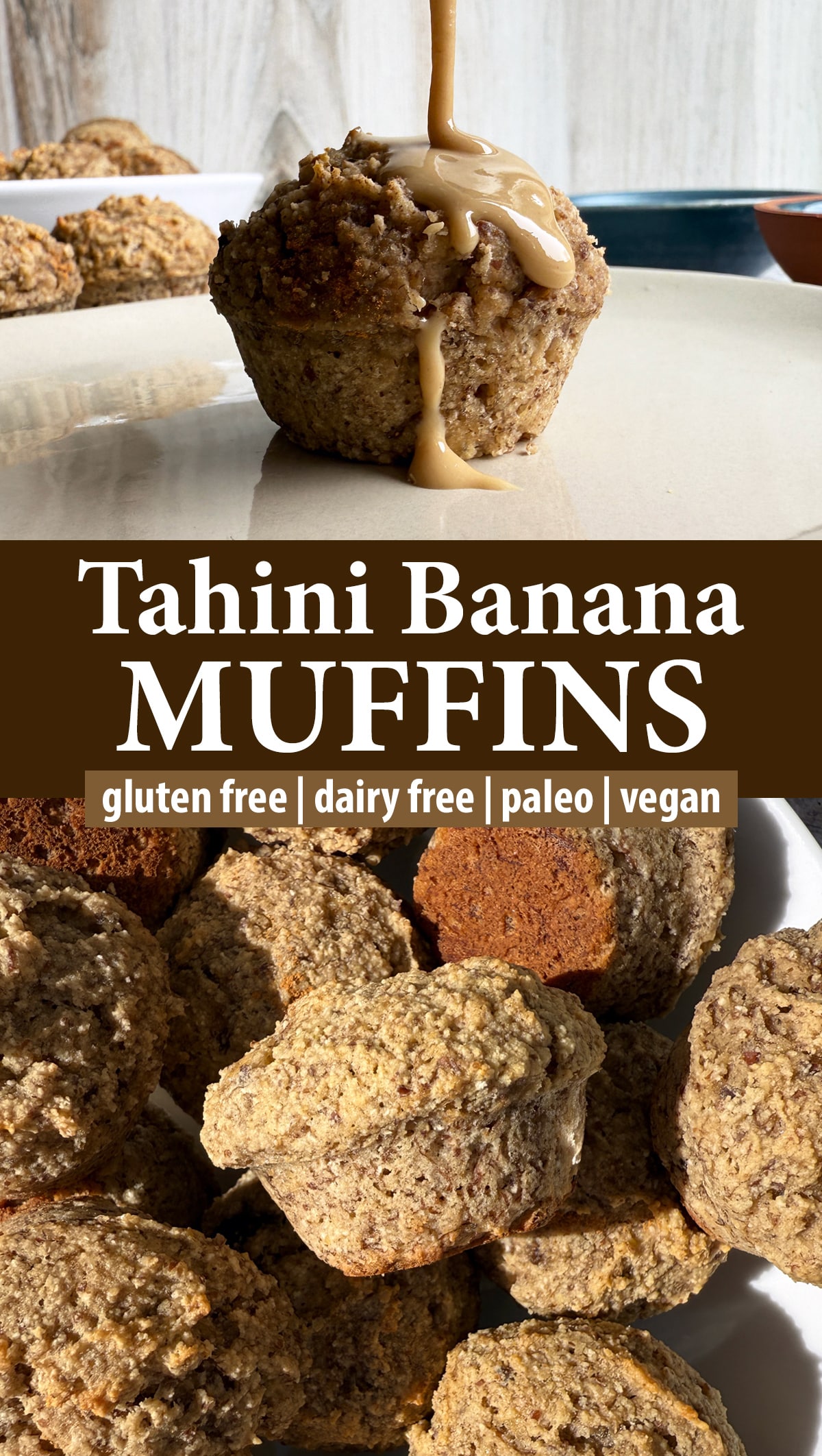 Pinterest image for tahini banana muffins.