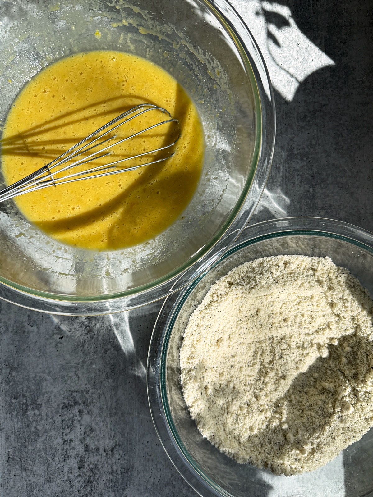 Whisked wet ingredients and whisked dry ingredients.