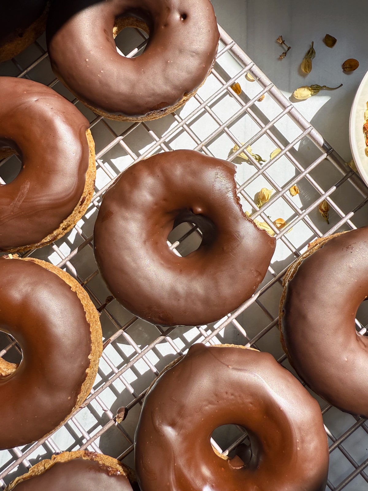 Top view of glazed banana protein donuts.