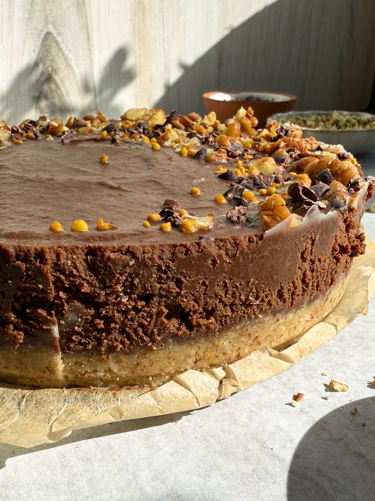 Side view of chocolate torte.