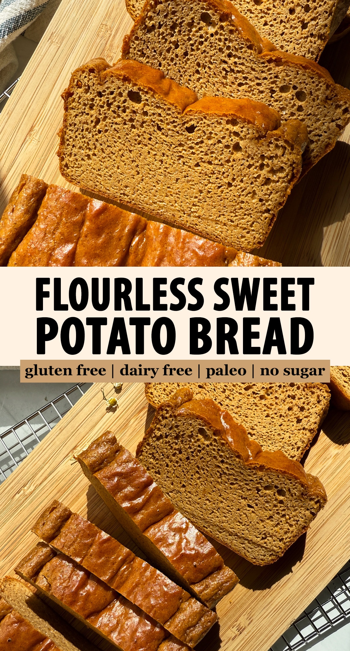 Pinterest image for flourless sweet potato bread.