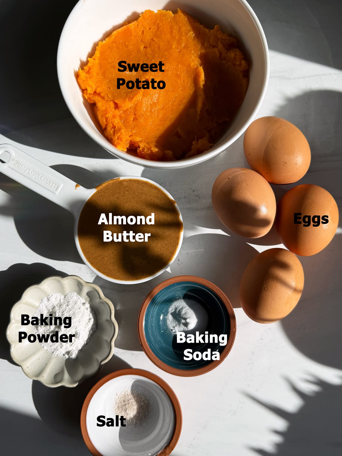 Ingredients needed to make flourless sweet potato bread.