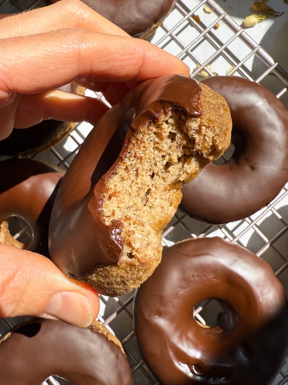 Holding a donut with a bite out of it to show the donut texture.