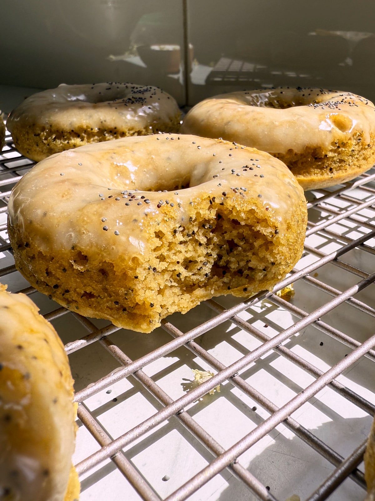 Bite of a donut to show the inside texture.