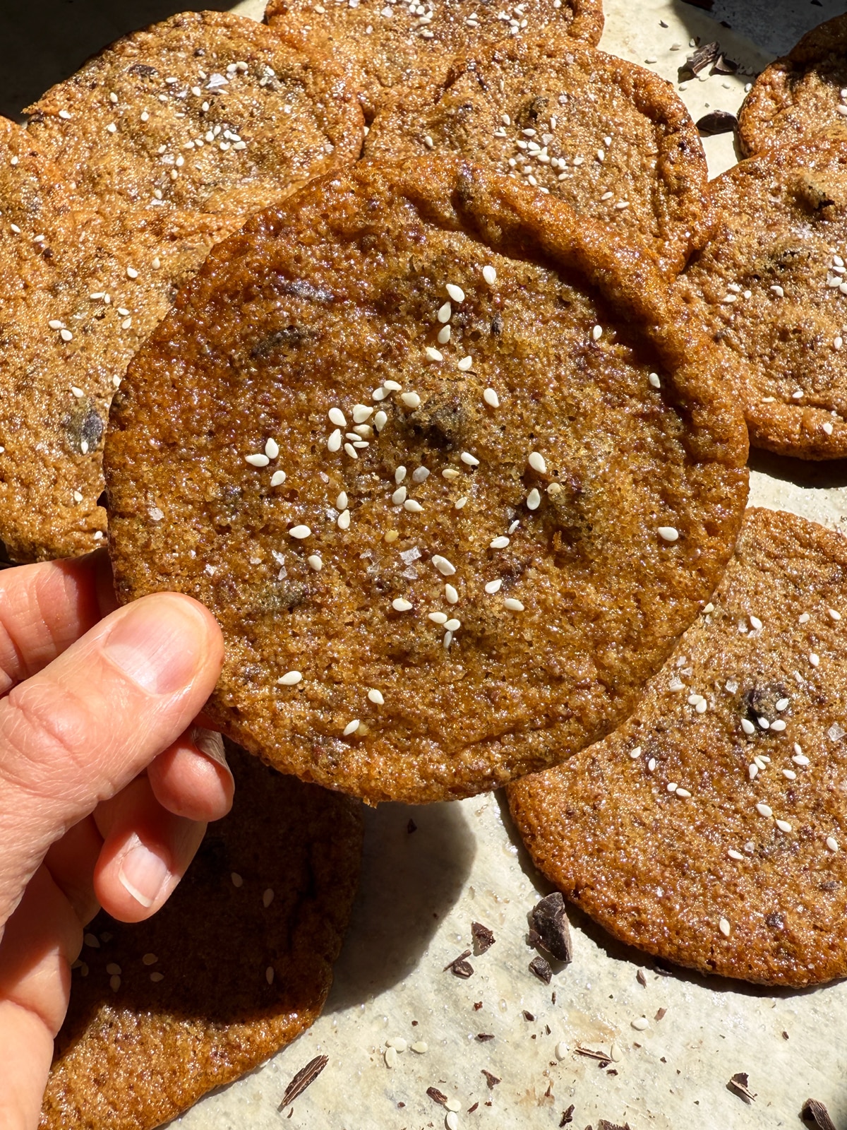 Holding a cookie.