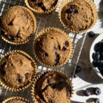 Vegan blueberry muffins on wire cooing rack.
