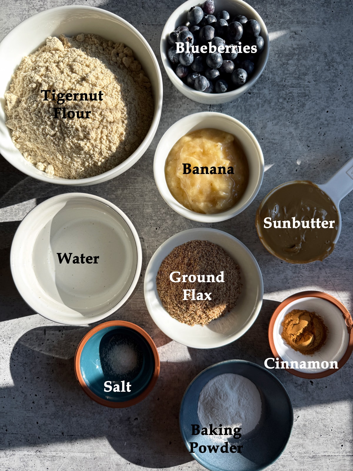 Ingredients in tigernut flour blueberry muffins.