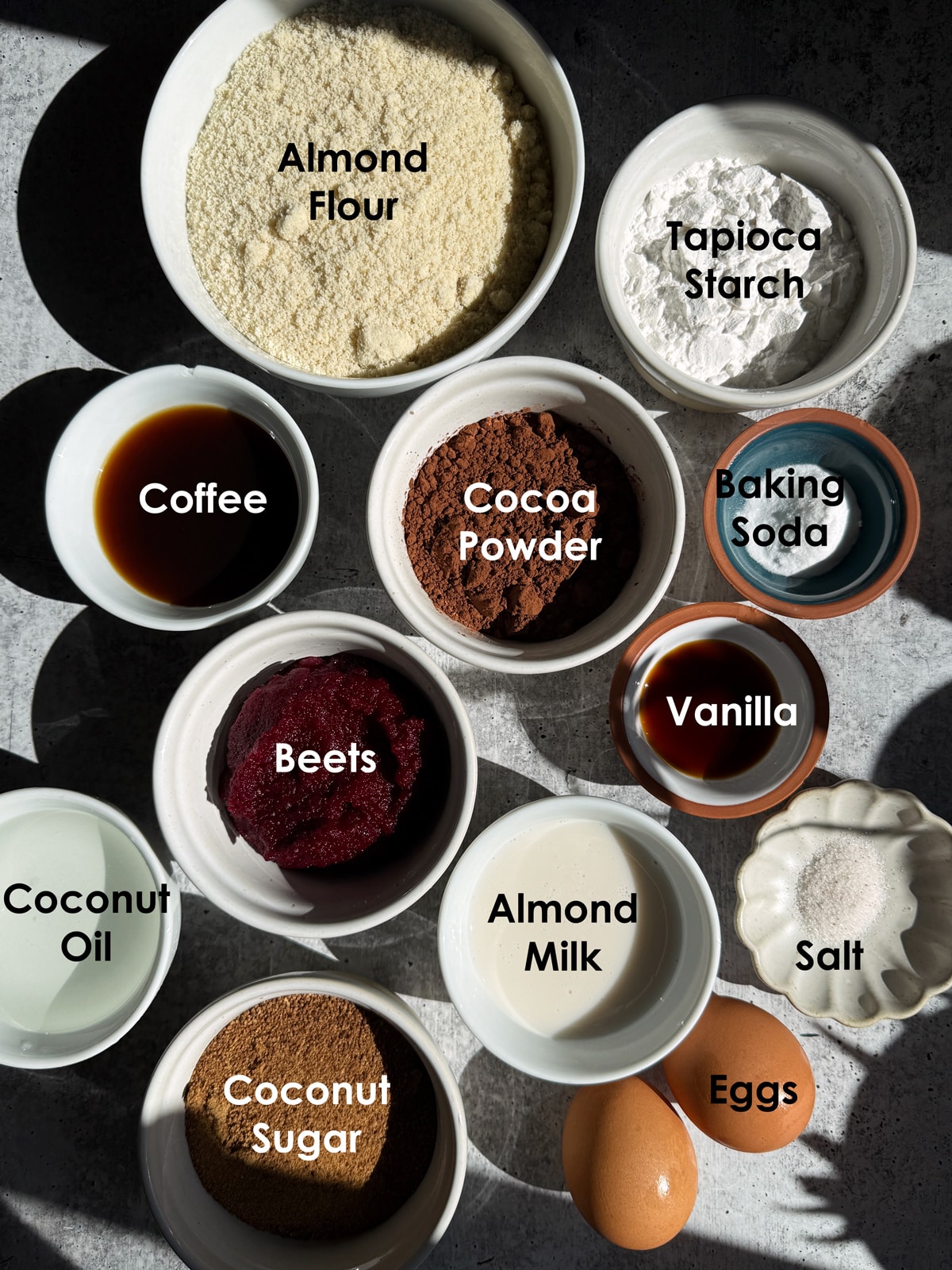 Ingredients needed to make a healthy beetroot cake.