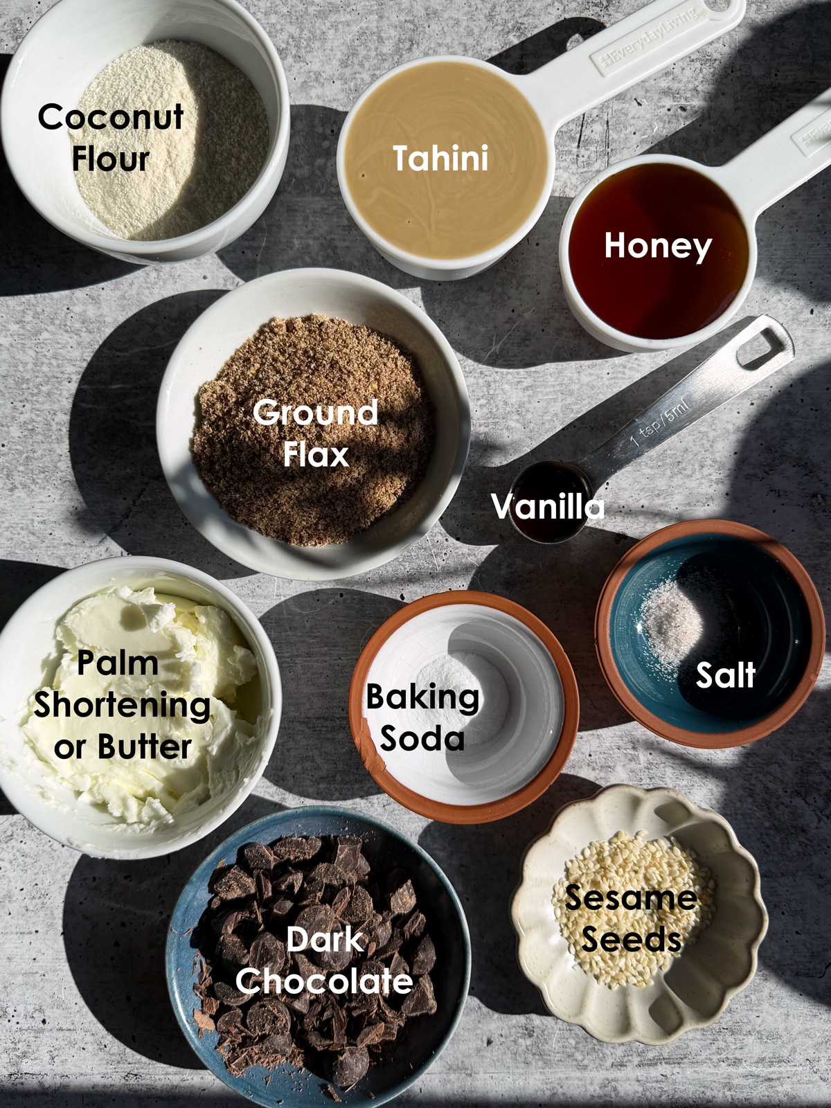 Ingredients needed to make honey tahini cookies.