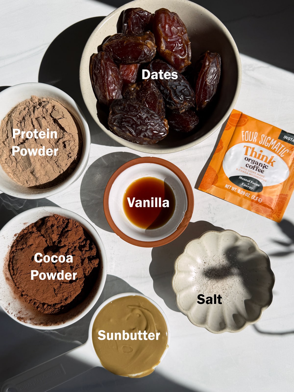 Ingredients needed to make paleo mocha energy bites.