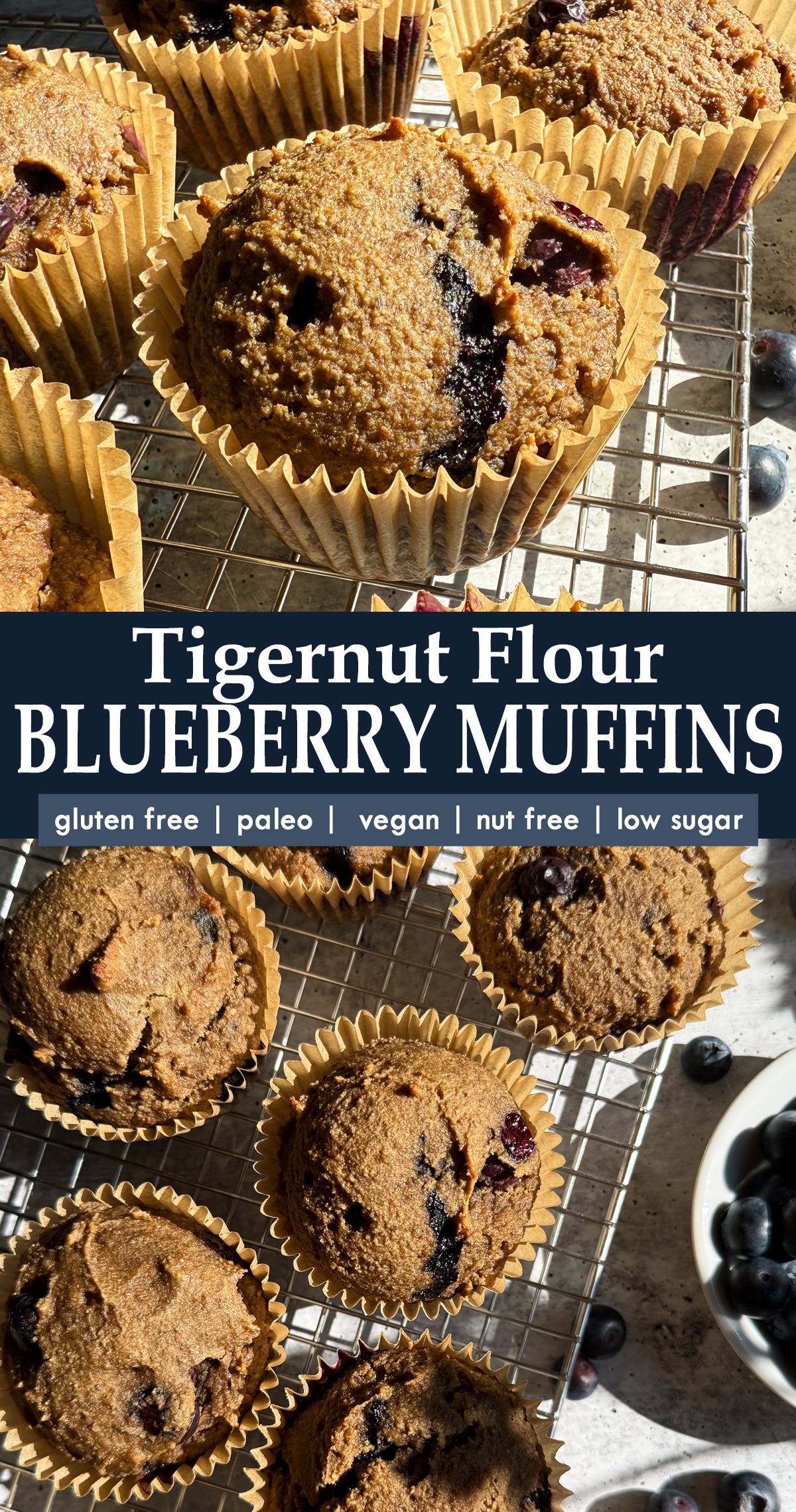 Pinterest image for tigernut flour blueberry muffins.