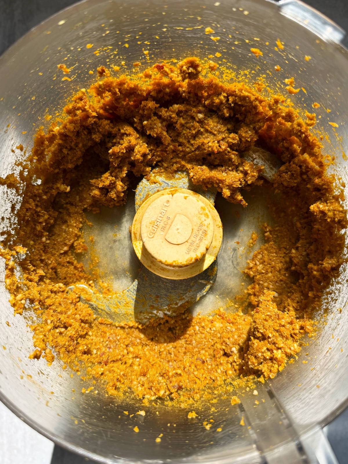 Blended filling ingredients in food processor.