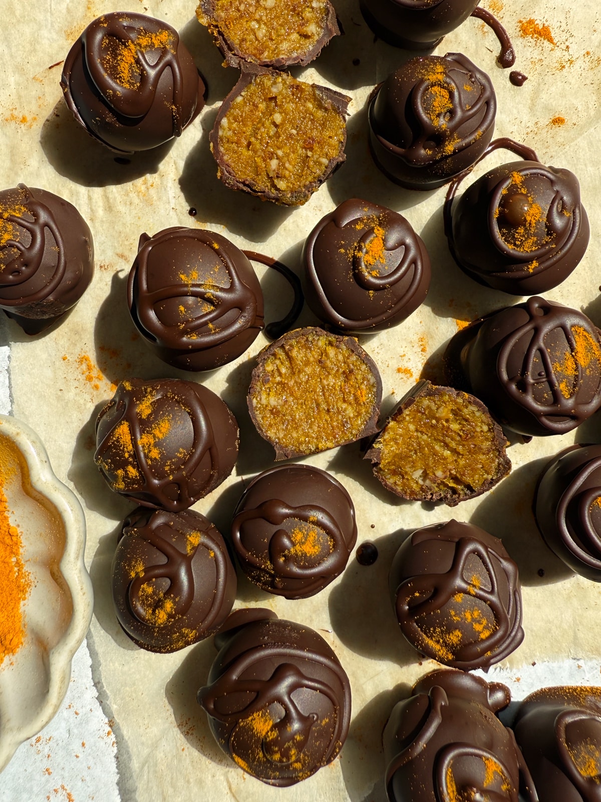 Dark chocolate turmeric truffles.