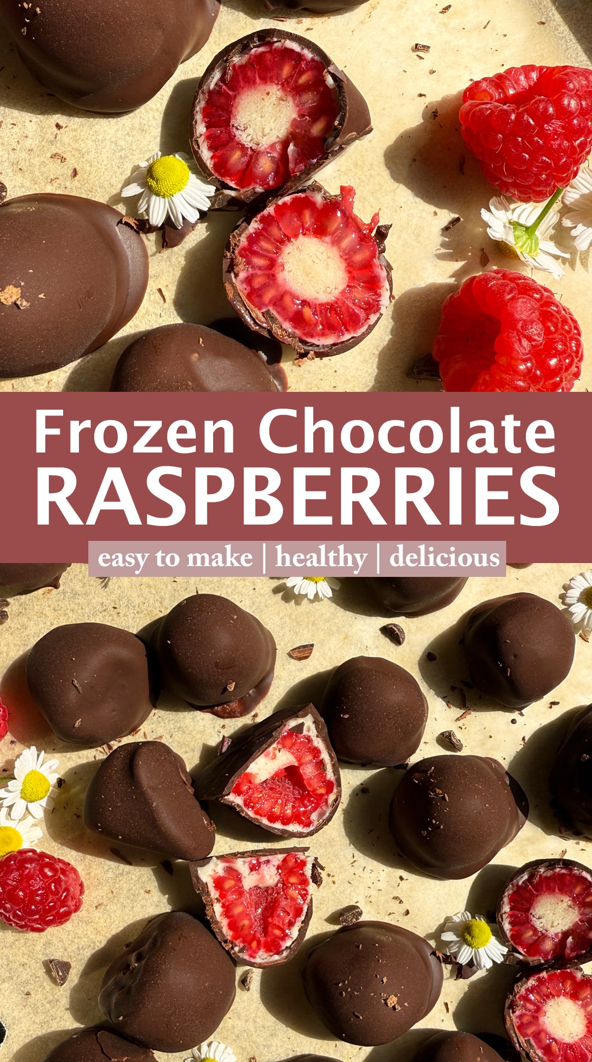 Pinterest image for frozen chocolate raspberries.