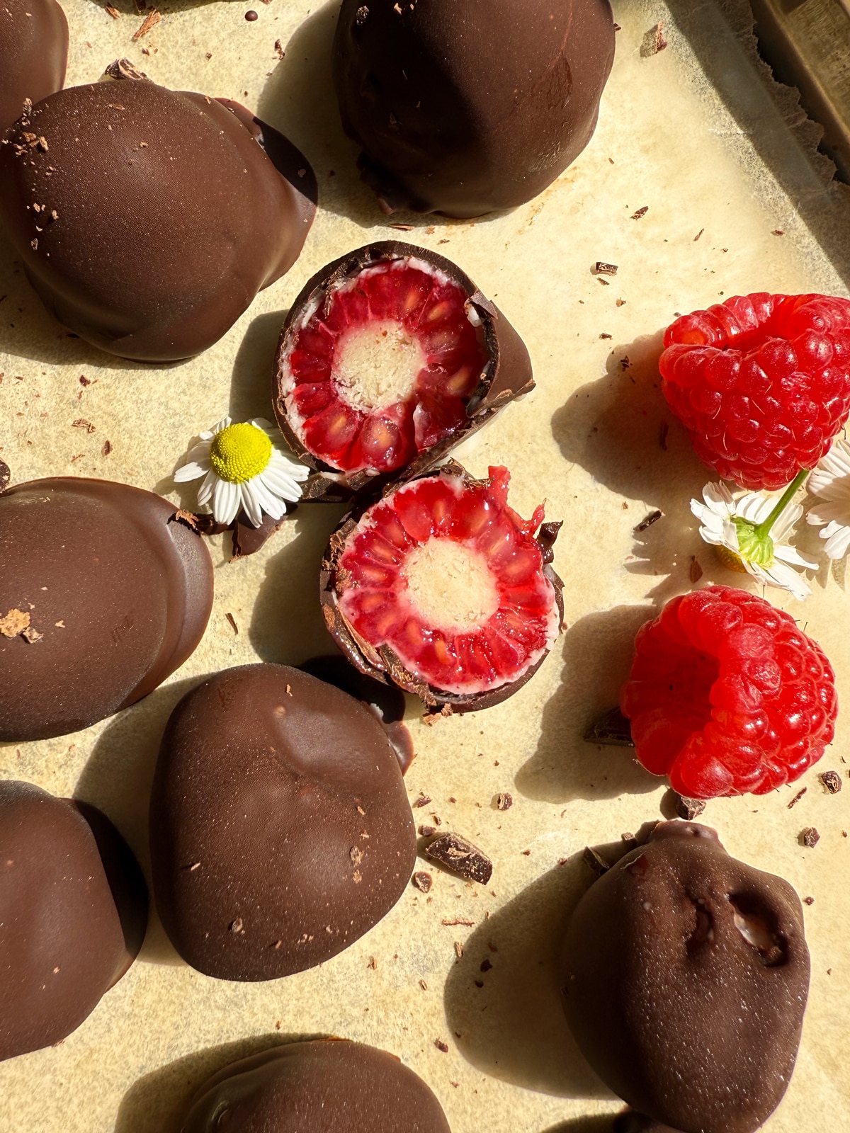 Close up of cut raspberry.