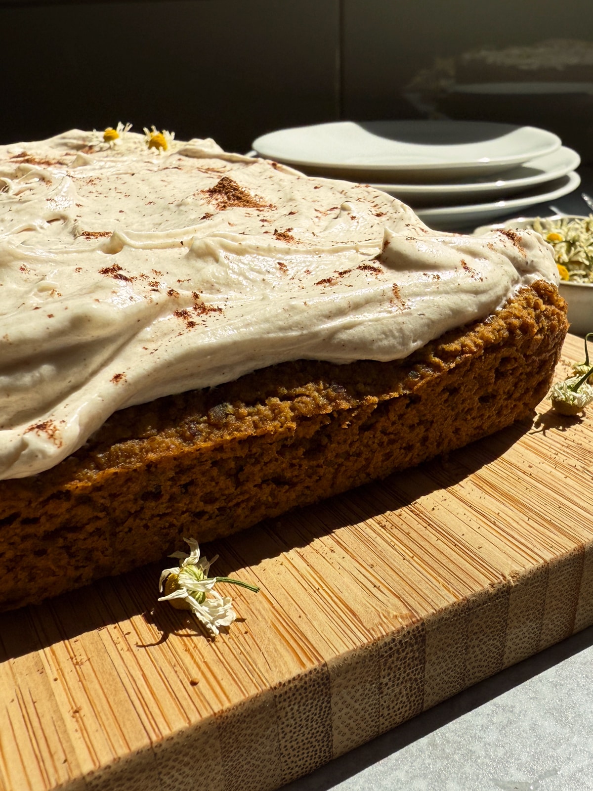 Side view of frosted pumpkin cake.