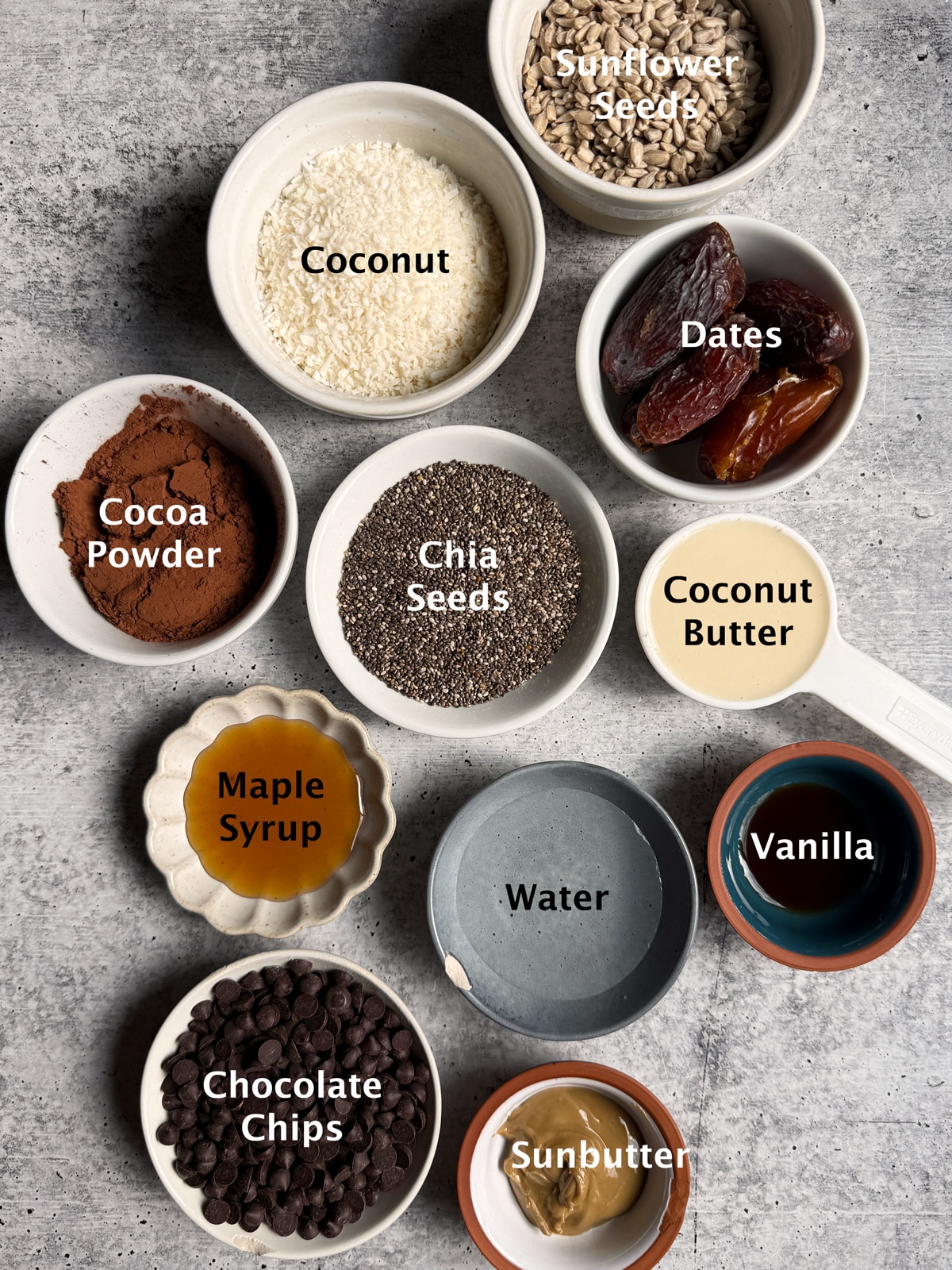 Ingredients needed to make chocolate chia seed bars.