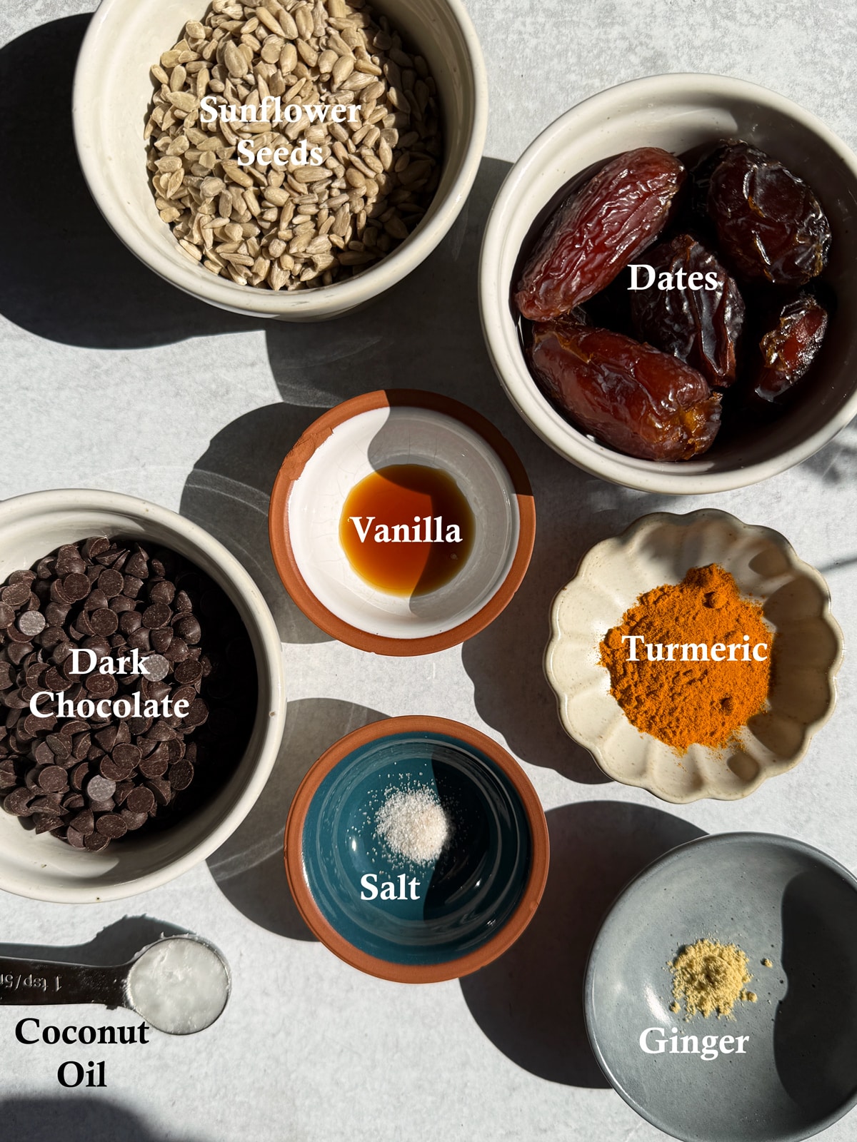 Ingredients needed to make turmeric truffles.