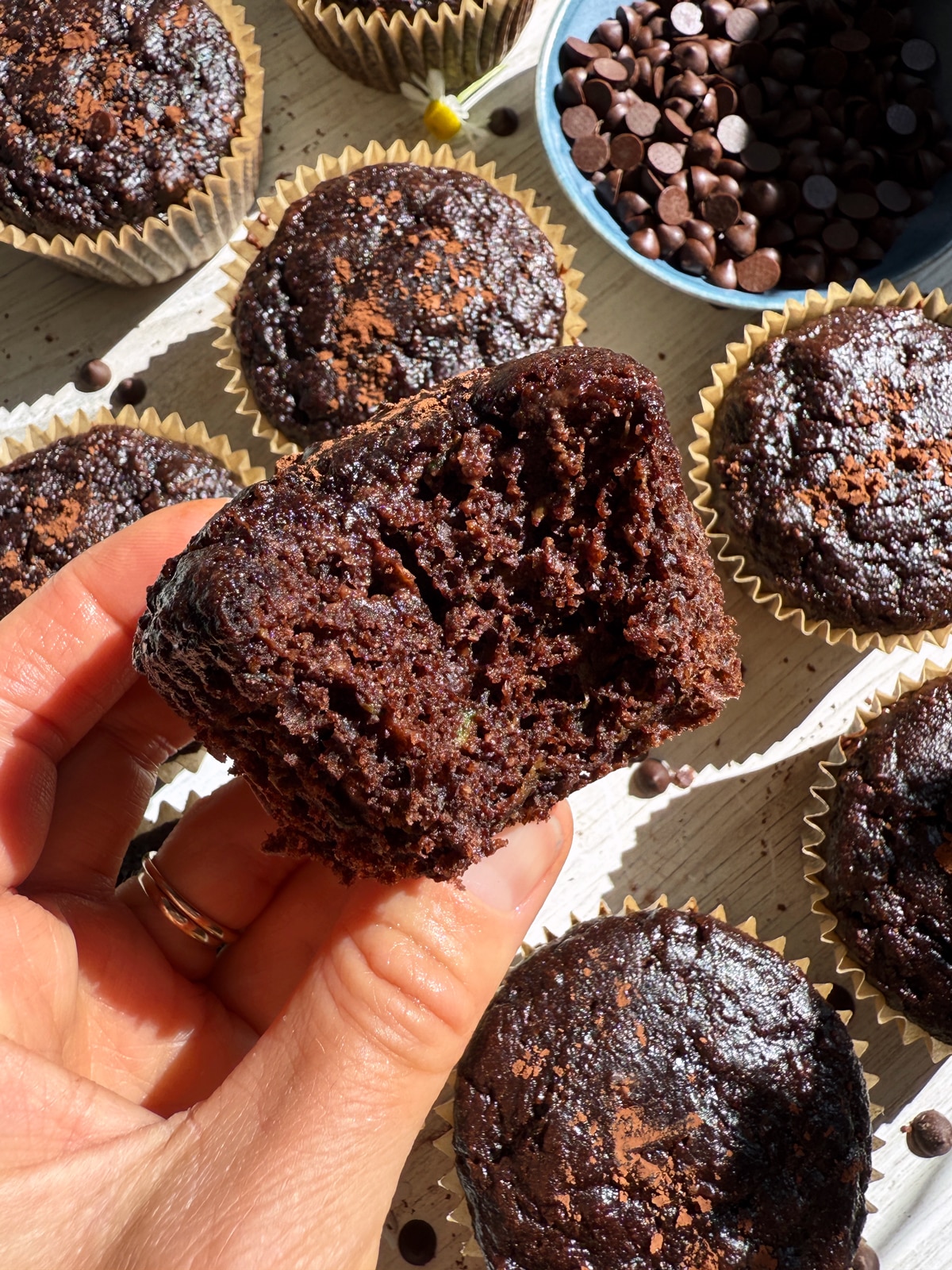 Bite of a muffin to show the moist texture.