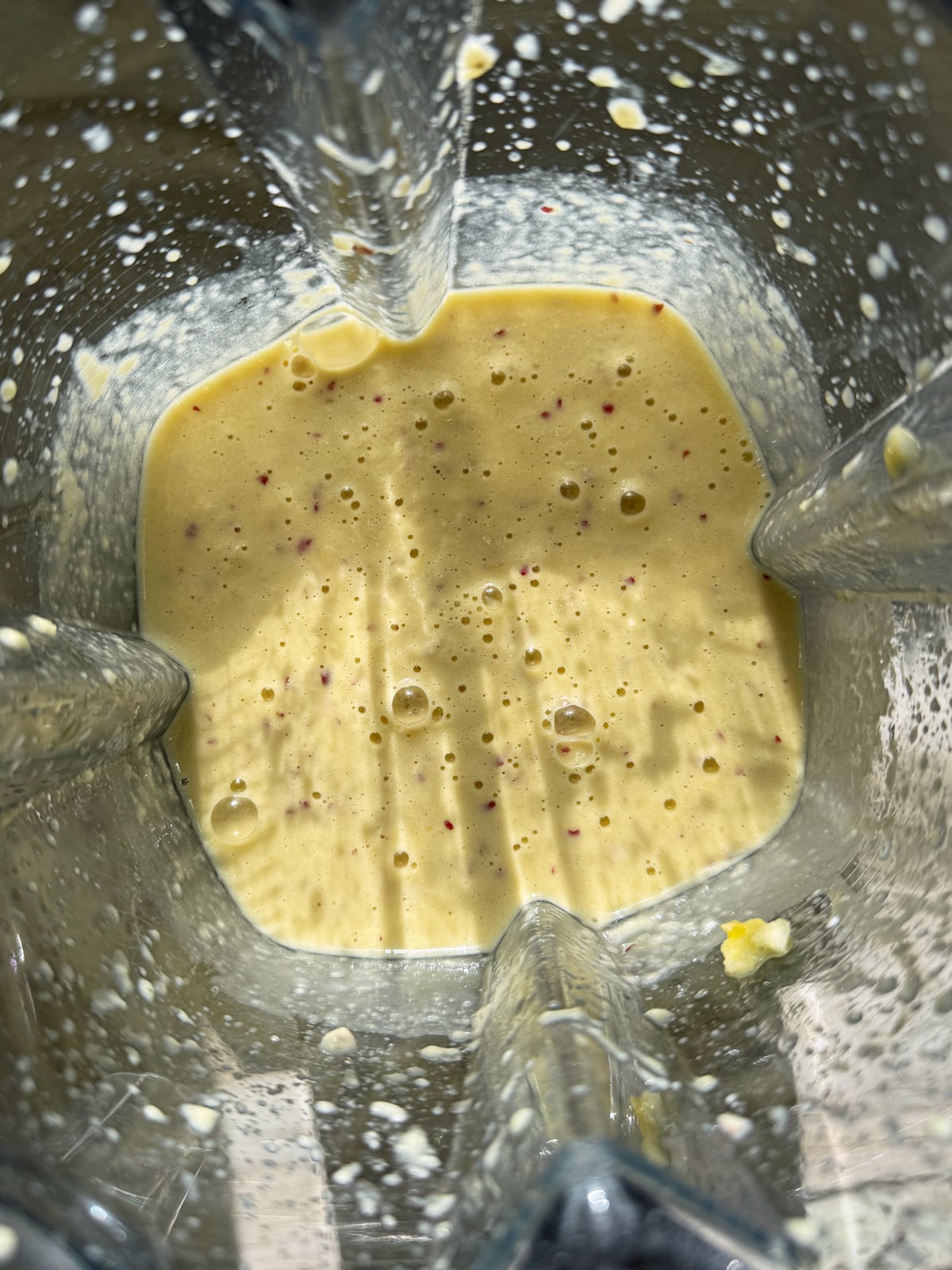 Blended wet pancake ingredients.