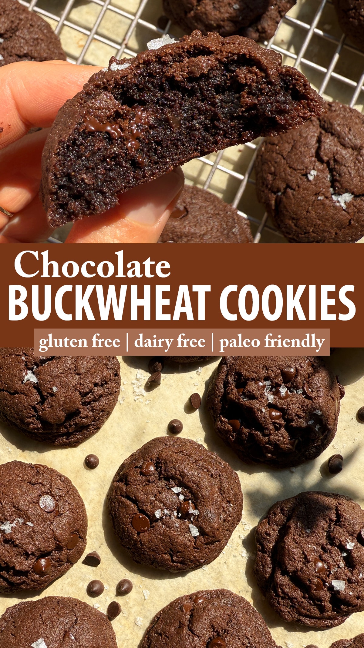 Pinterest image for chocolate buckwheat cookies.