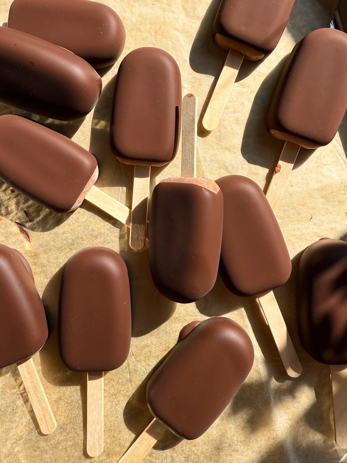 Bars that have been dipped in dark chocolate.