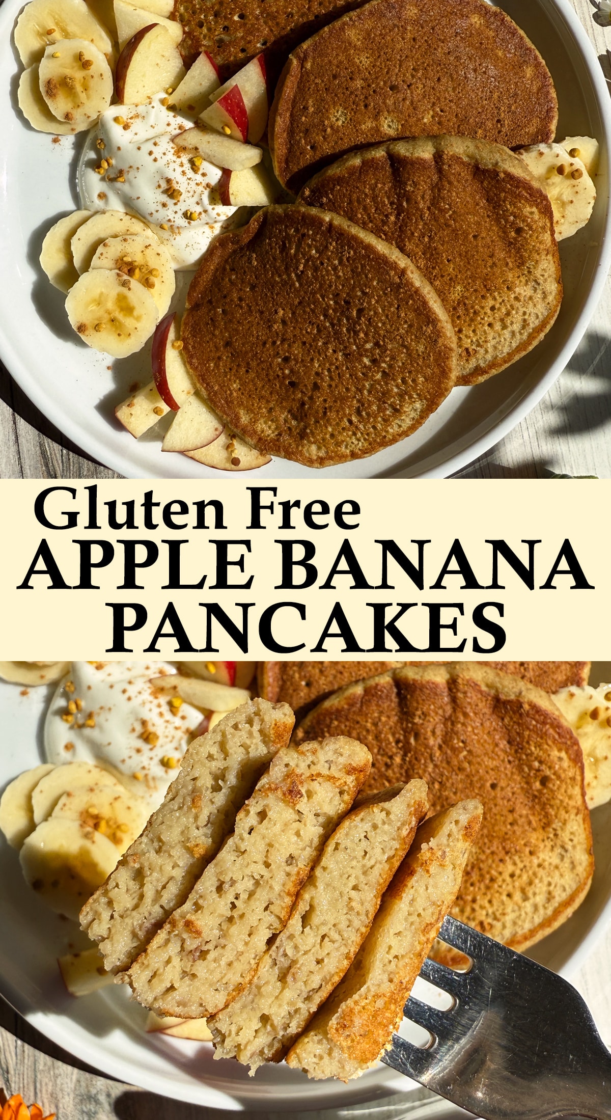 Pinterest image for gluten free apple banana pancakes.