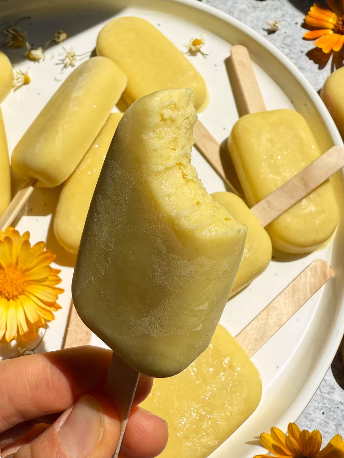 Holding a bar with a bite out of it to show the texture.