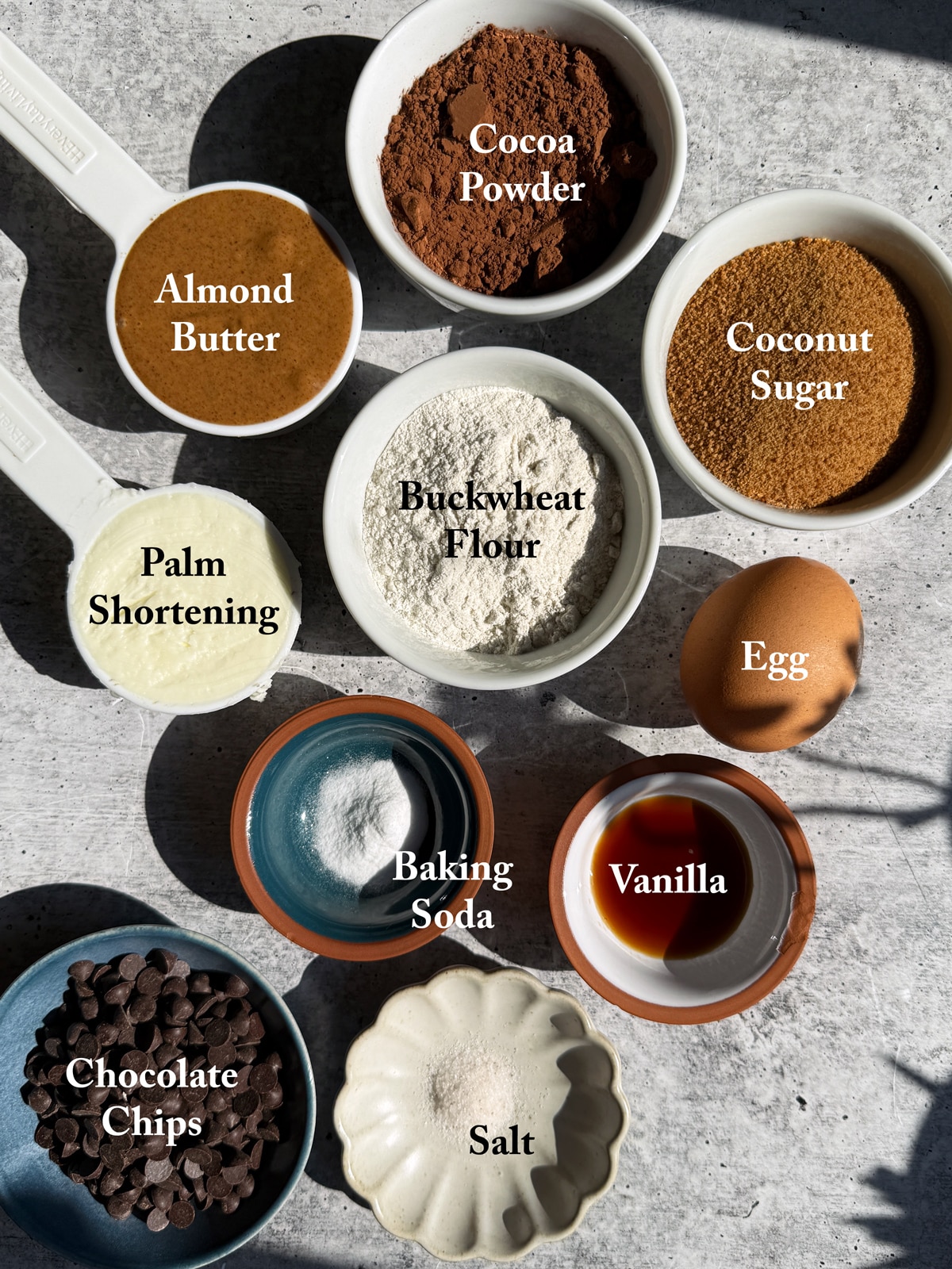 Ingredients needed to make chocolate buckwheat cookies.