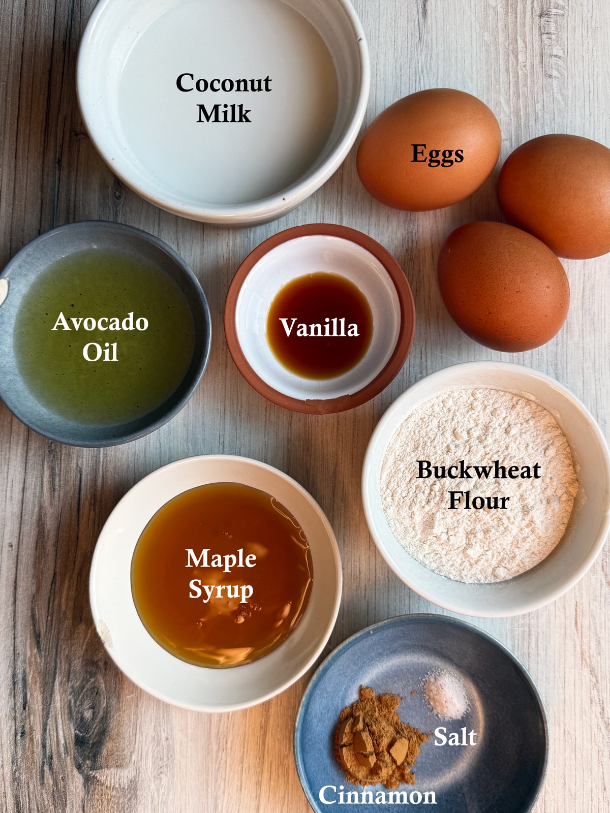 Ingredients needed to make buckwheat crepes.