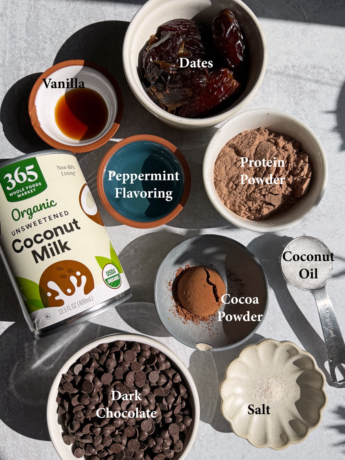 Ingredients needed to make chocolate mint ice cream bars.