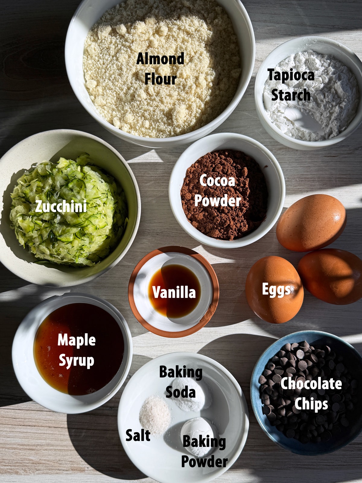 Ingredients in paleo chocolate zucchini muffins.